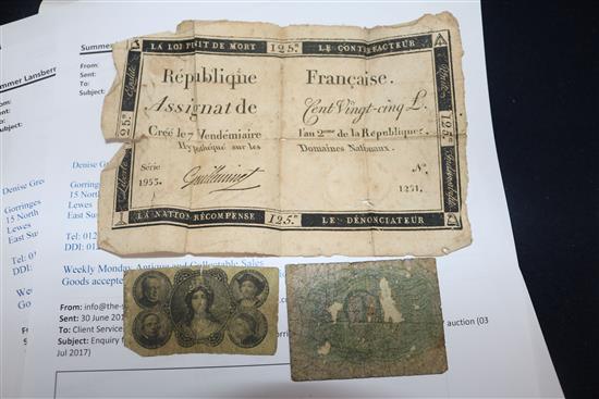 A 1790 Republic of France banknote and various George V Bradbury banknotes